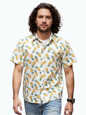 Amnesia  Hawaiian Pineapple Button Front Cotton Short Sleeve Shirt Size M